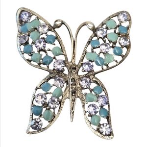 Vintage Turquoise and Sea Green Enamel with Clear Rhinestone Butterfly Brooch